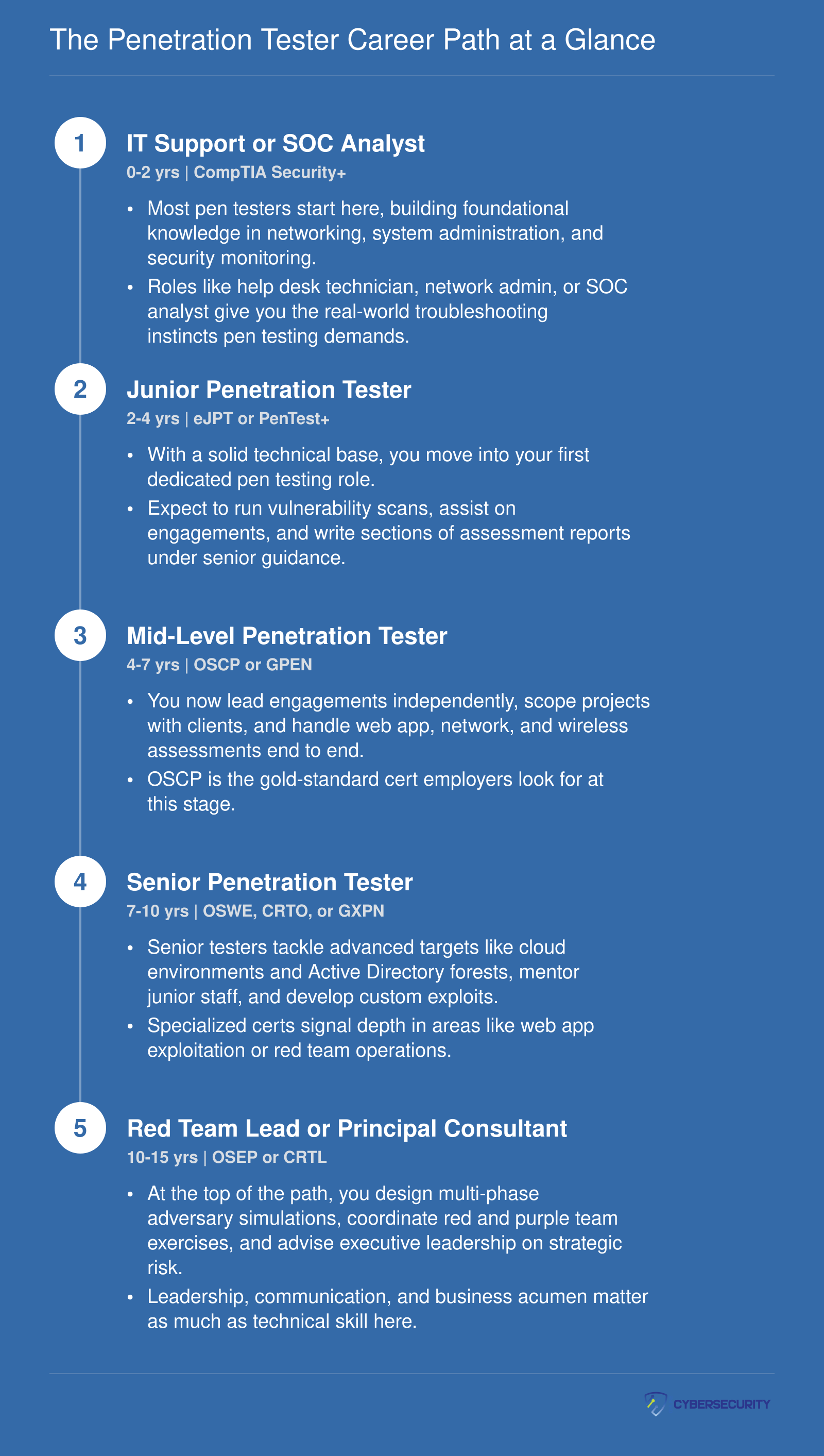 Typical penetration tester career progression from IT support to red team lead, spanning roughly 8 to 15 years with cert milestones at each stage