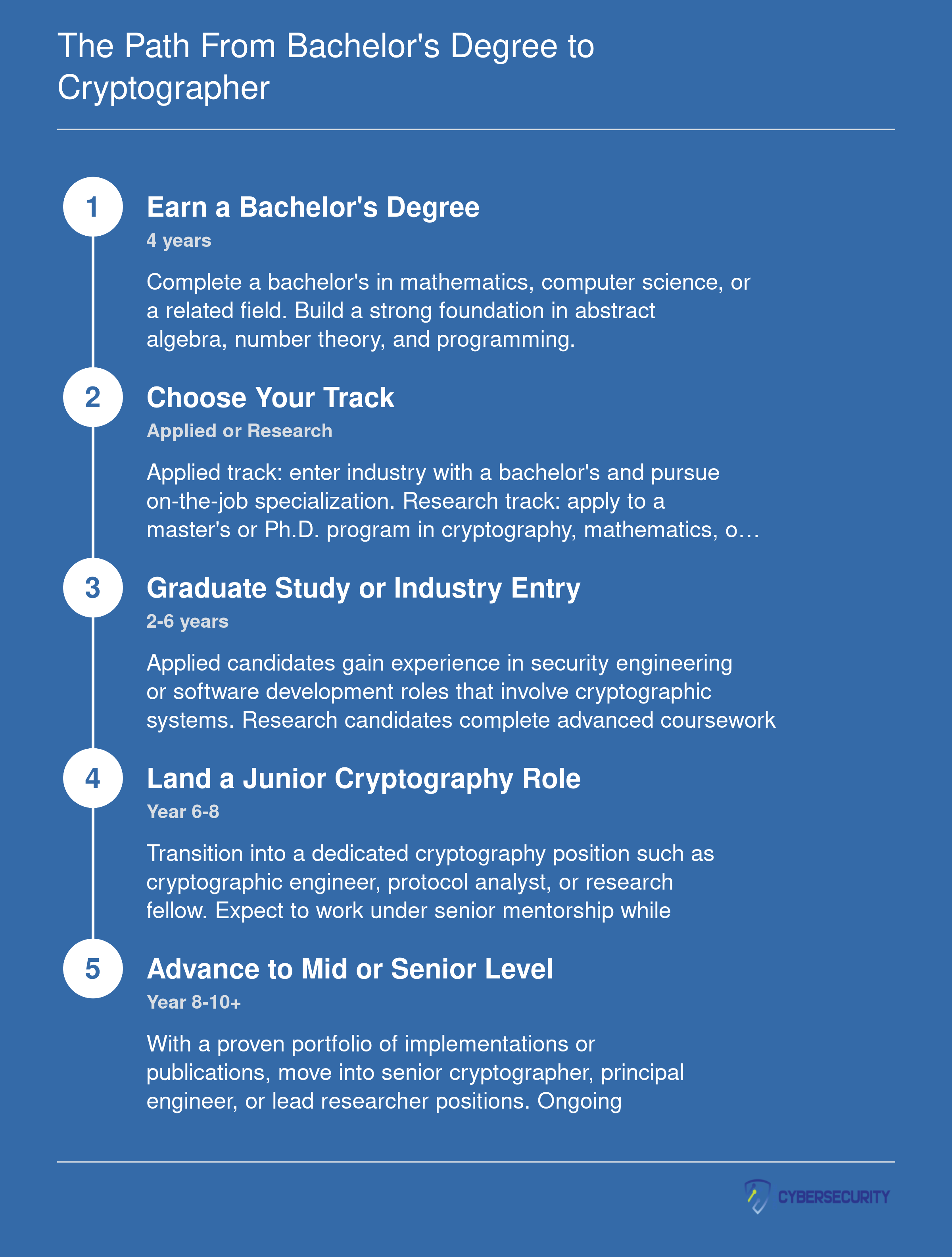 Credentialing timeline from a four-year bachelor's degree through junior and senior cryptographer roles, with branching applied and research tracks