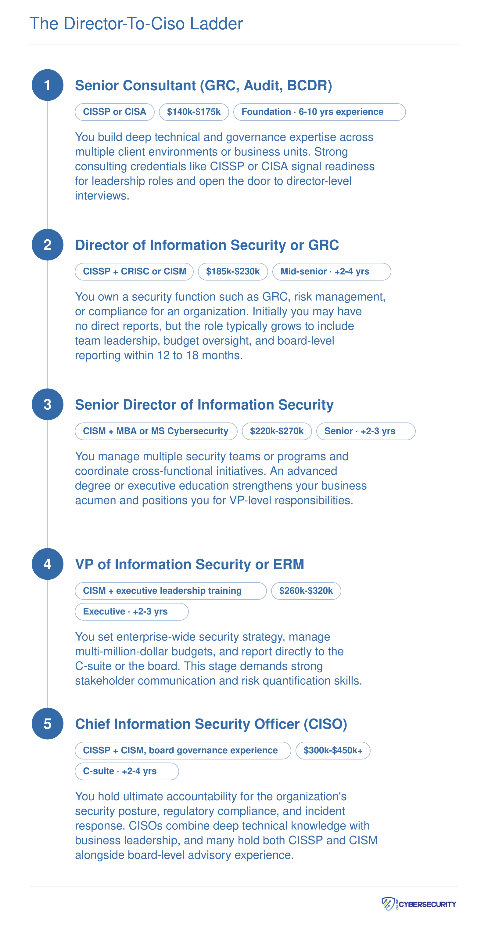 Five-step career ladder from Senior Consultant through Director, Senior Director, VP, and CISO with typical salary ranges and credentials at each stage