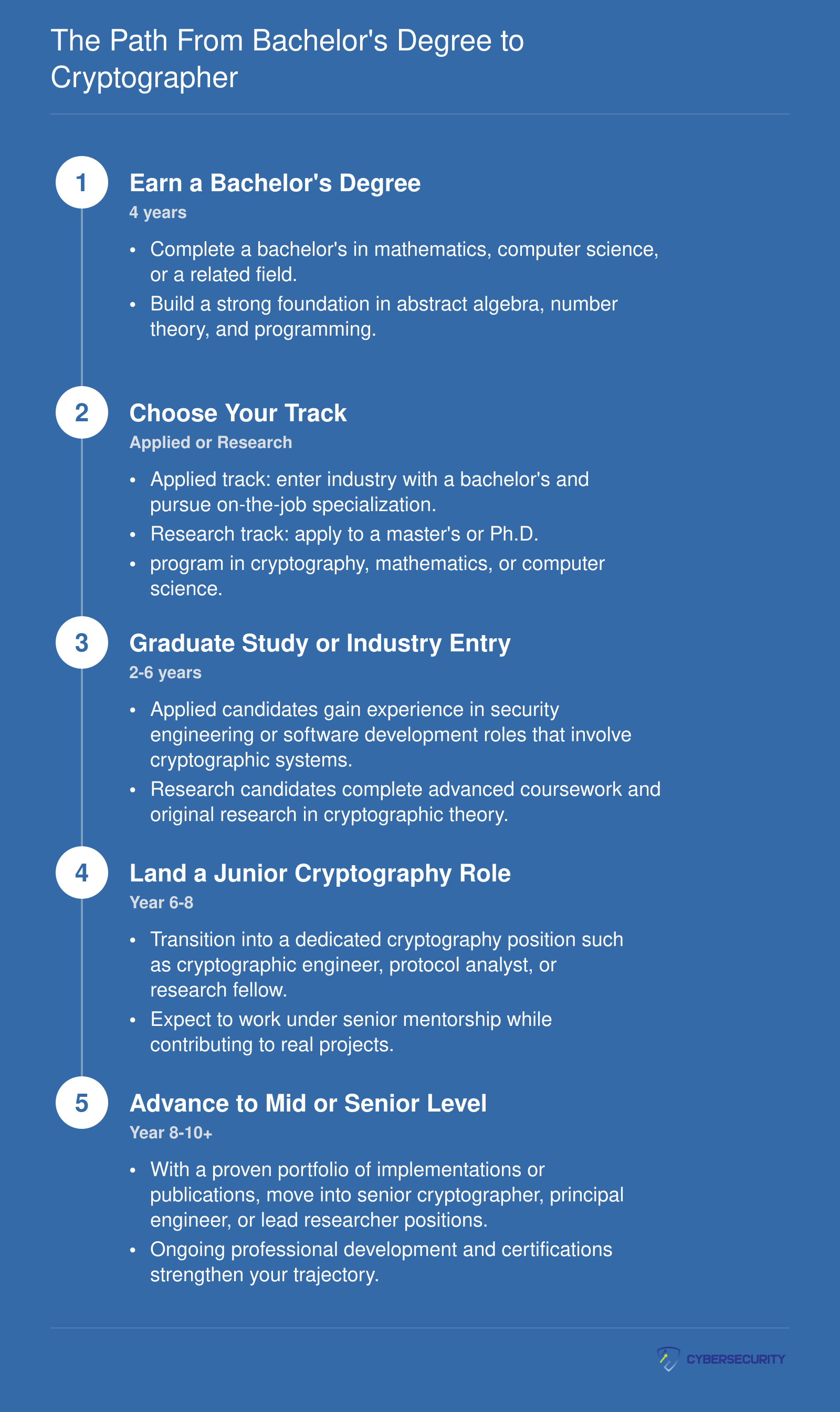 Credentialing timeline from a four-year bachelor's degree through junior and senior cryptographer roles, with branching applied and research tracks