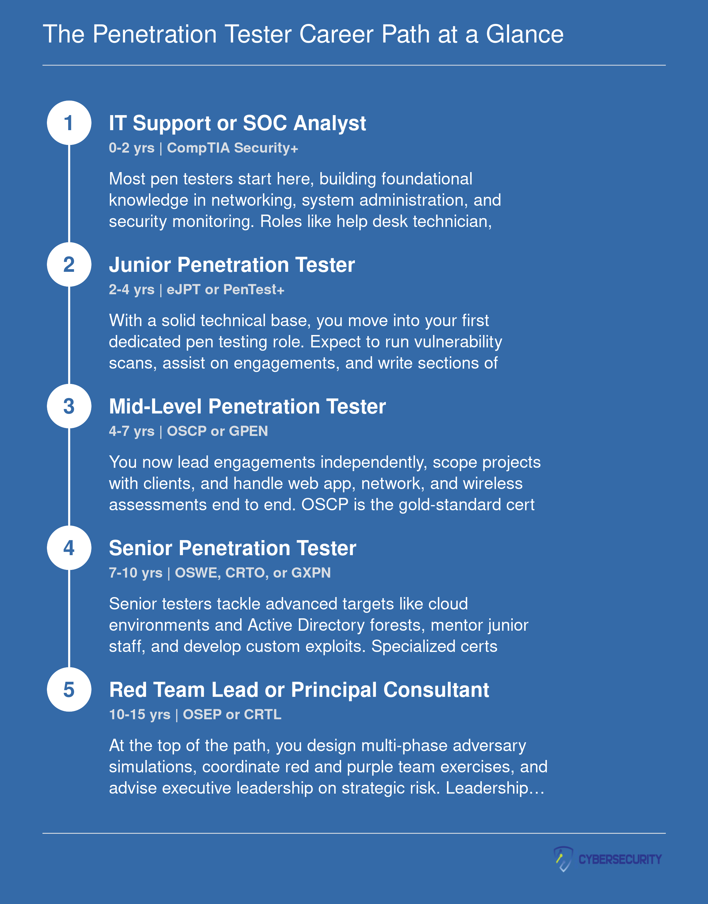 Typical penetration tester career progression from IT support to red team lead, spanning roughly 8 to 15 years with cert milestones at each stage
