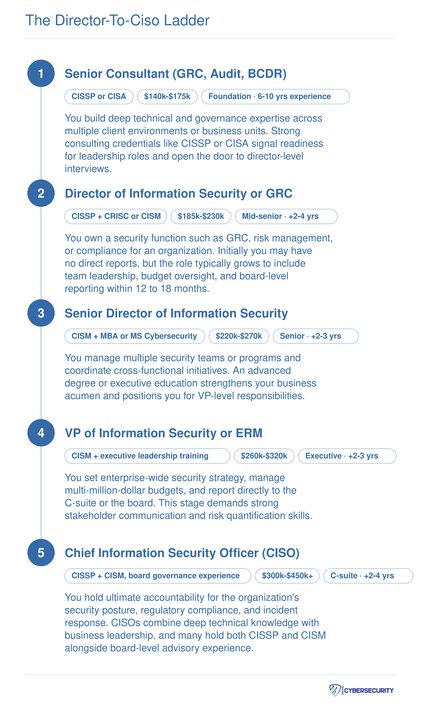 Five-step career ladder from Senior Consultant through Director, Senior Director, VP, and CISO with typical salary ranges and credentials at each stage